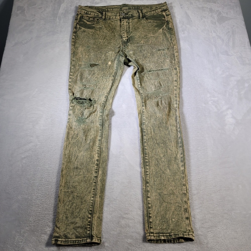Mnml Distressed Jeans Mens 38x36 Green Acid Wash Slim Fit Streetwear RN139488